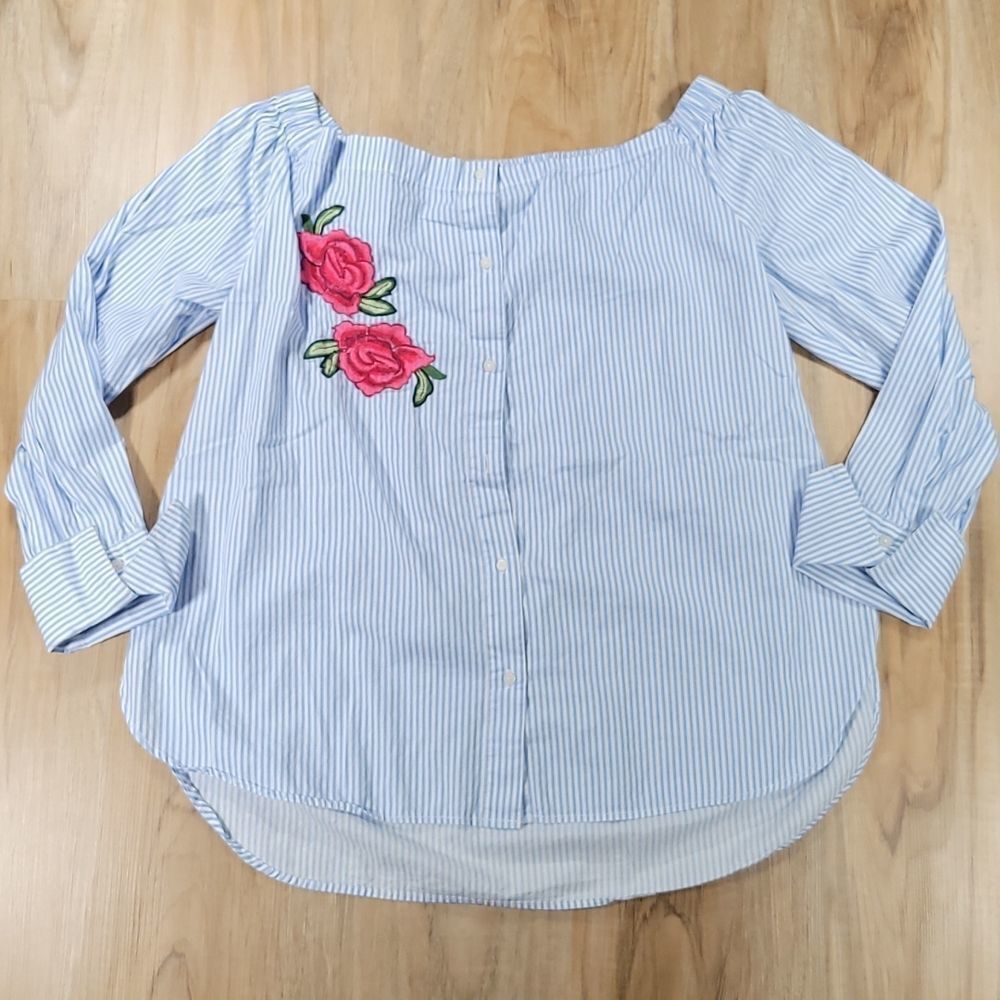 🔹️Japna Blue & White Striped Off-Shoulder Top Large